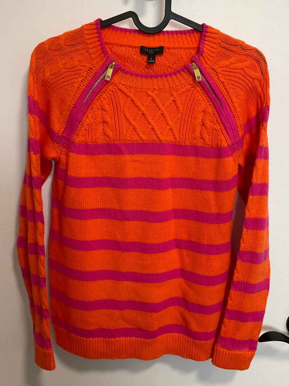 Cable knit gold zip detail orange/pink striped sweater from Talbots - XS Petite